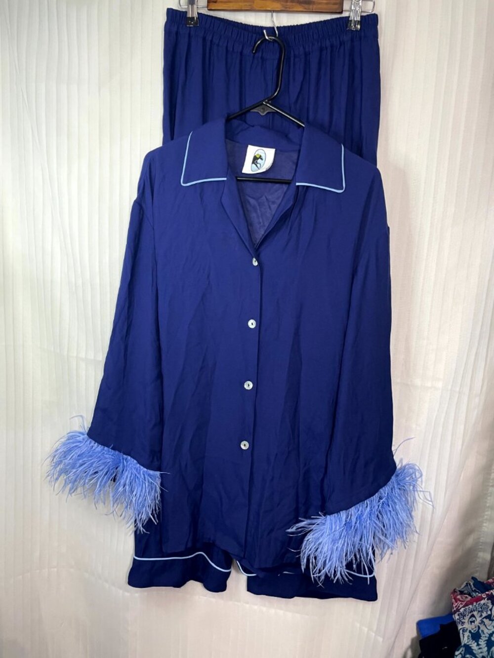 Luxury Feather Trim Pajama Set Women's Medium Blue Viscose Ostrich Feather - Picture 3 of 14